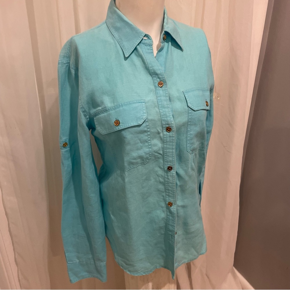 Lauren Ralph Lauren green label aqua linen long sleeve shirt/blouse… Size medium